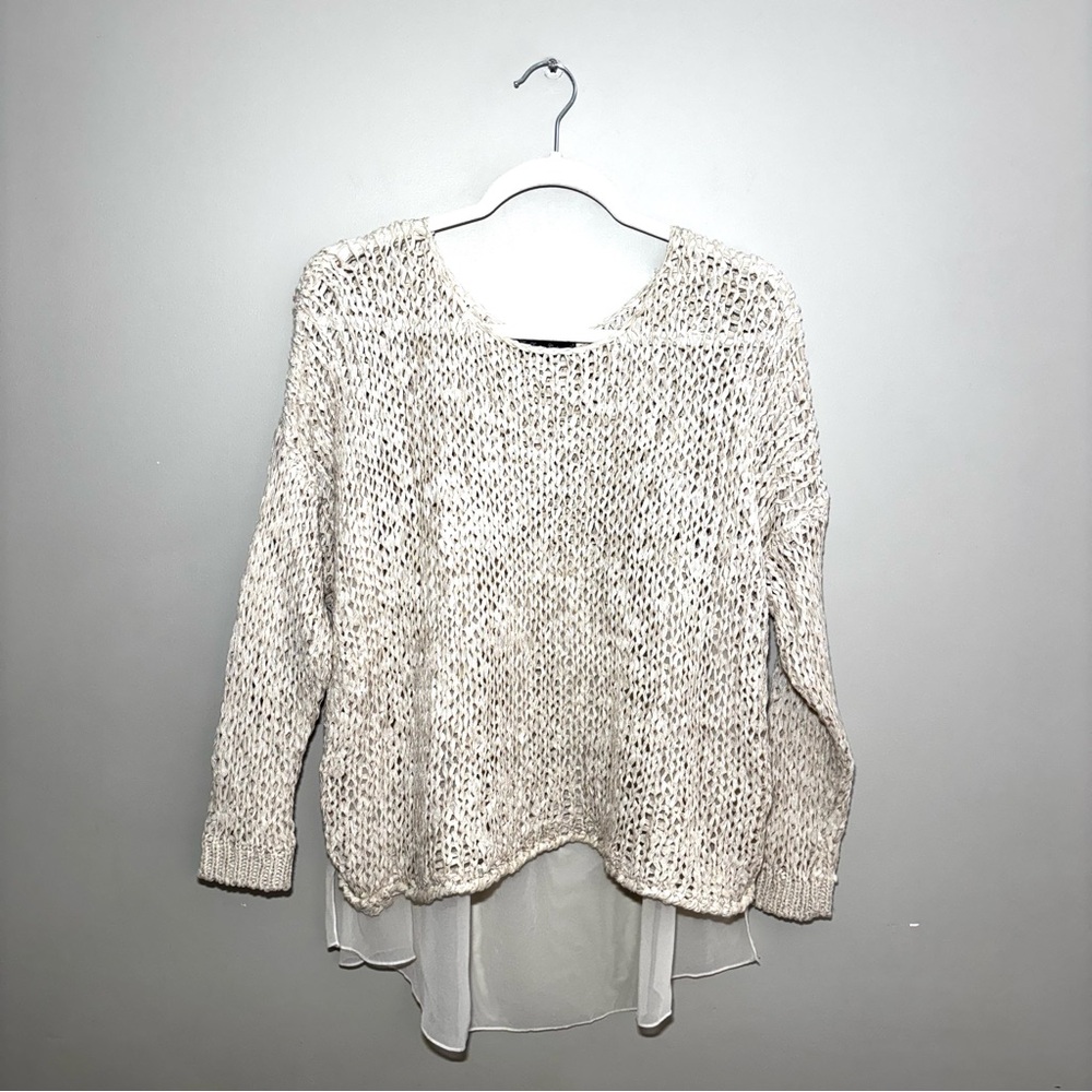 Tan Cream Open Knit Sheer Back Oversized Relaxed Layering Sweater Sz S Boho Chic
